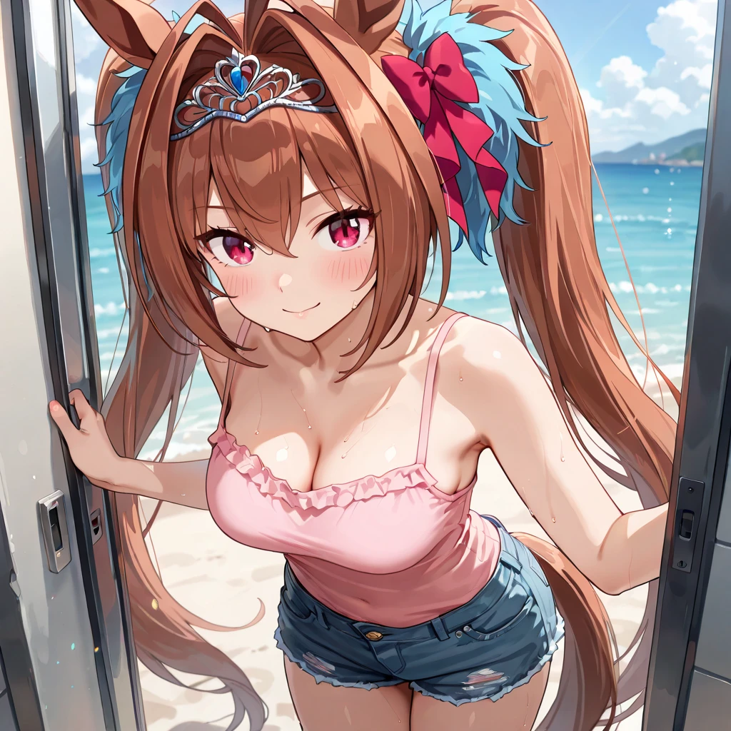 masterpiece, highest quality, Aerith Gainsbourg, pink bikini, Ruffled skirt in pink color, (fox ears:1.3), (fox tail:1.3), hair ribbon, looking at the viewer, leaning forward, smile, closed mouth, beach, The best sunshine