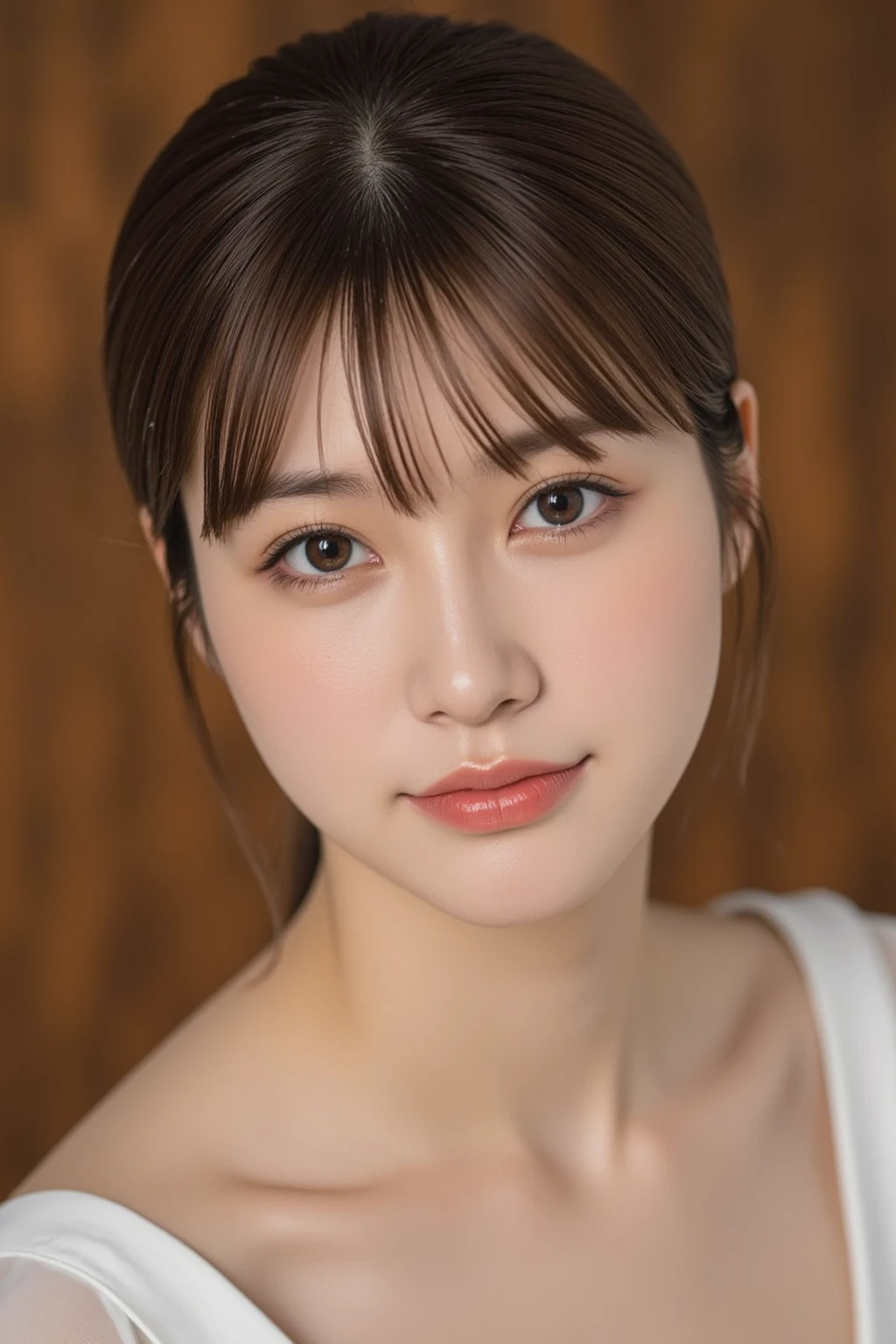 1womanl, up of face, mideum breasts, light brown hair, Blunt bangs, hair behind ear, hair over shoulder, Long hair, slender body shape, Ultra Fine Face, Thin face, Delicate lips, Beautiful eyes, thin blush, eyes are light brown, perfect glossy skin, flawless skin, Glistening sweat,View here, Ultra-thin hands, Ultra-fine fingers, best ratio four finger and one thumb, (realisitic:1.3), See-through white blouse. World Heritage Site, cathedral、One-person viewpoint, Fuji Film, F/1.2, 8K, masutepiece, nffsw, Super Detail, High quality, Best Quality, hight resolution