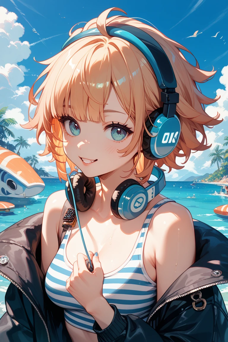 Woman wearing headphones, Anime Style 4 k, anime wallpaper 4k, anime wallpaper 4k, 4k anime wallpaper, anime art wallpaper 4k, anime art wallpaper 4k, Anime Style. 8k, Anime atmosphere, , Ultra HD Anime Wallpaper, Anime Art Wallpaper 8K, Anime Background,landscape、summer、island、Palm tree、Hawaii、Sandy Beach、drink alcohol