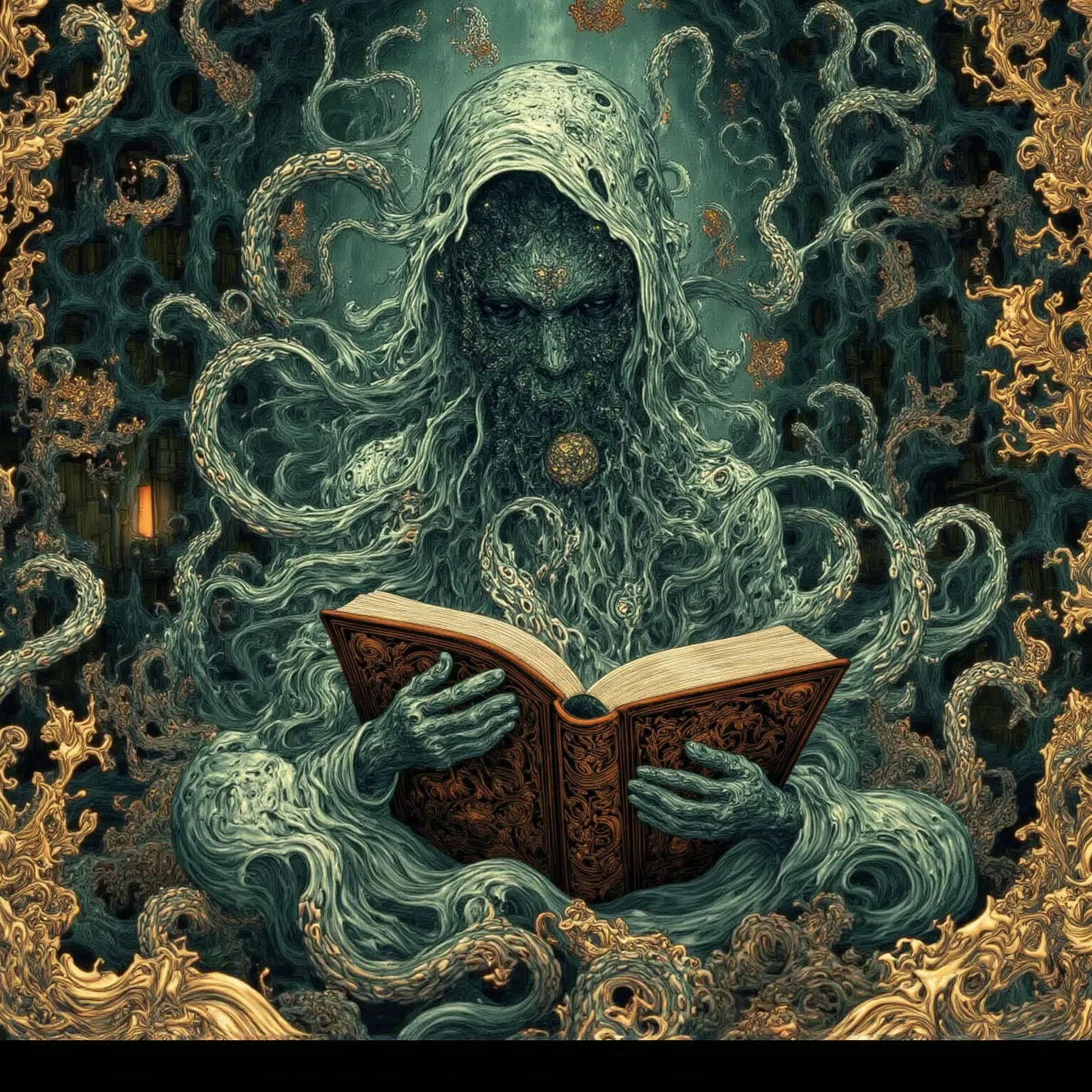 ultra-detailed illustration of stained glass, Art Nouveau, Cthulhu with demon wings, He has a evil scripture, black robe with intricate golden embroidery, symmetrical design stained glass, botanical pattern, golden stars, flat color, beautiful gradation, masterpiece, best quality, beautiful illustration, very aesthetic art