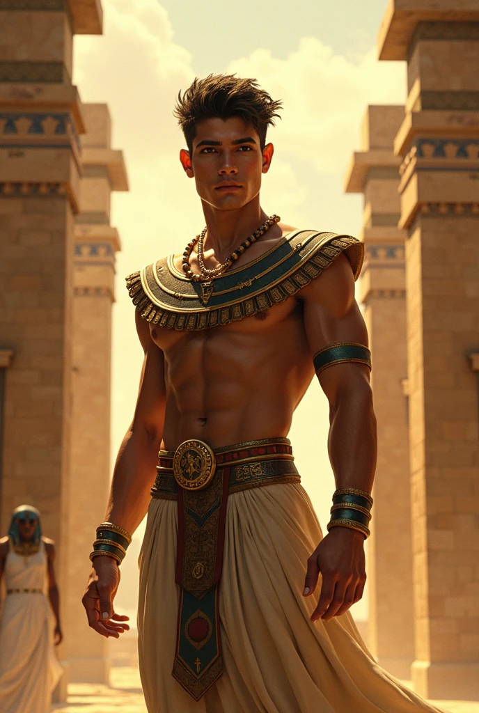 mummy costume, bandages, dynamic pose, Egyptian tomb, evil, jewelry, earrings, outdoors, realistic, masterpiece, intricate details, detailed background, depth of field, photo of a handsome young blue-eyed Iranian man,