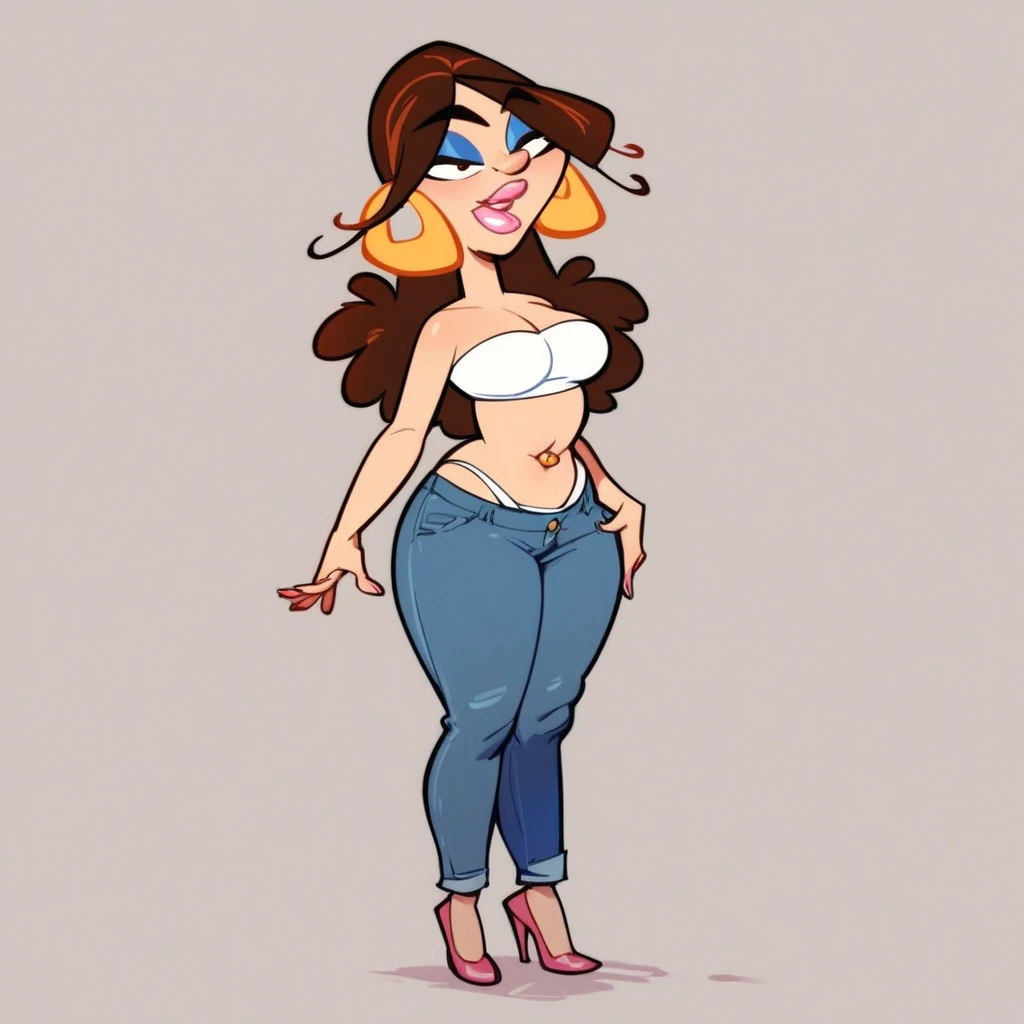 (solo) female anthro deer, long blond hair, deer, big breasts, attractive, pink shirt underboob, tight skirt, fit body, deer tail,, thicc, freckles, freckles on face, smug eyes, (mad expression), she is standing look to the right, violet background, simple background, thick thighs (side view) high heels