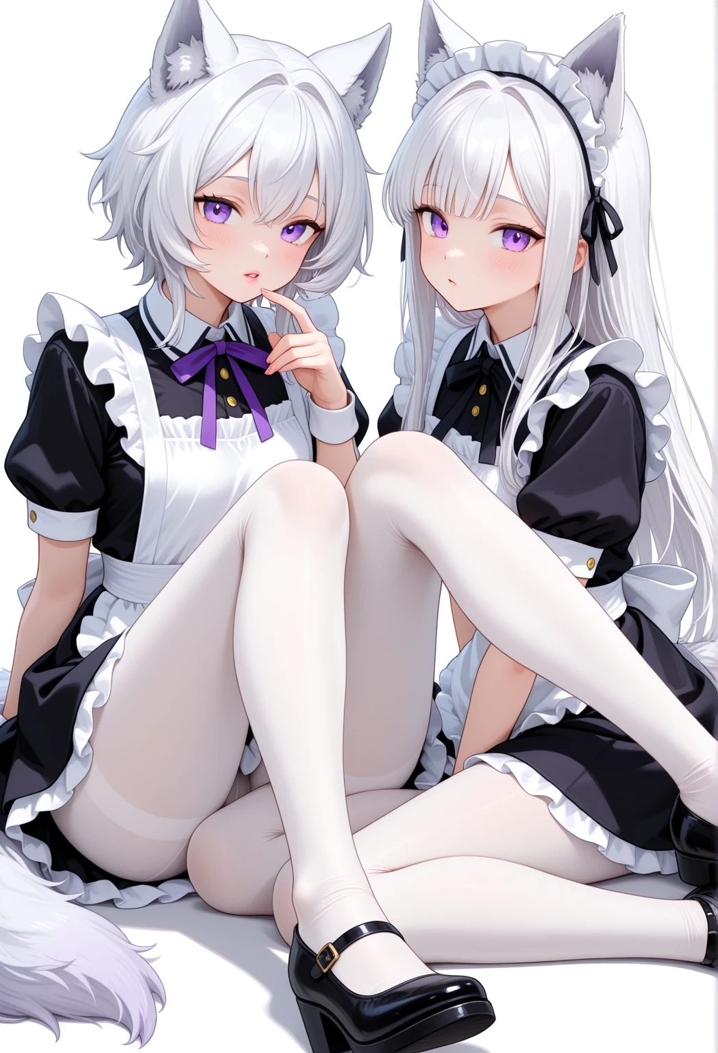 ((2girls))、A smile、A delightful、skirt by the、(tiny chest)、in a house、Chilarism、doress、((pinafore))、((Maids))、((hair adornments))、skirt rift,(Grabbing the skirt)、 (Perfect hands, Perfect Anatomy),cowboy shot、(Skirt lift:1.3), (white panties:1.3)、 (adnet weight:1.0)、(Skirt that rolls up:1.3)、(Fully exposed panties:1.5)、