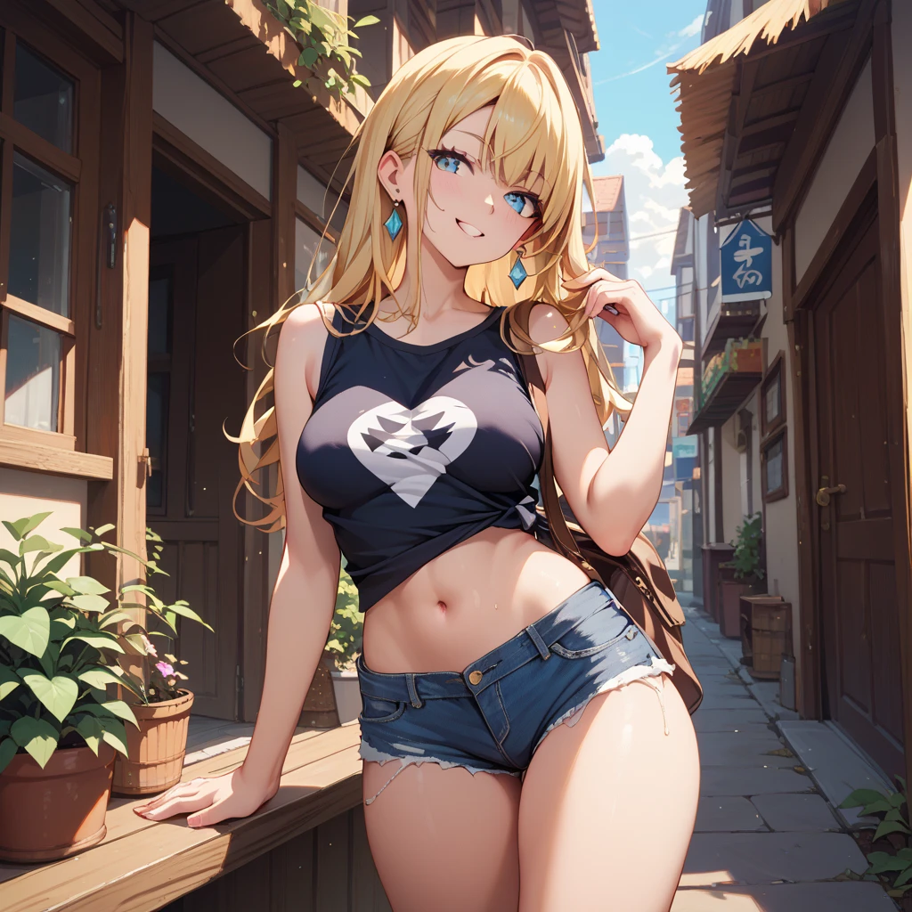 girl，（masterpiece，Highest quality），Street，(Brown Skin)，(Completely naked)，Bare shoulders、Gal、Blonde、smile、Big Breasts，ponytail、(Underboob)，Cleavage，Tube top、looking at the camera、shoeicro Mini Denim Shorts(Open button)，solo、Are standing、barefoot，