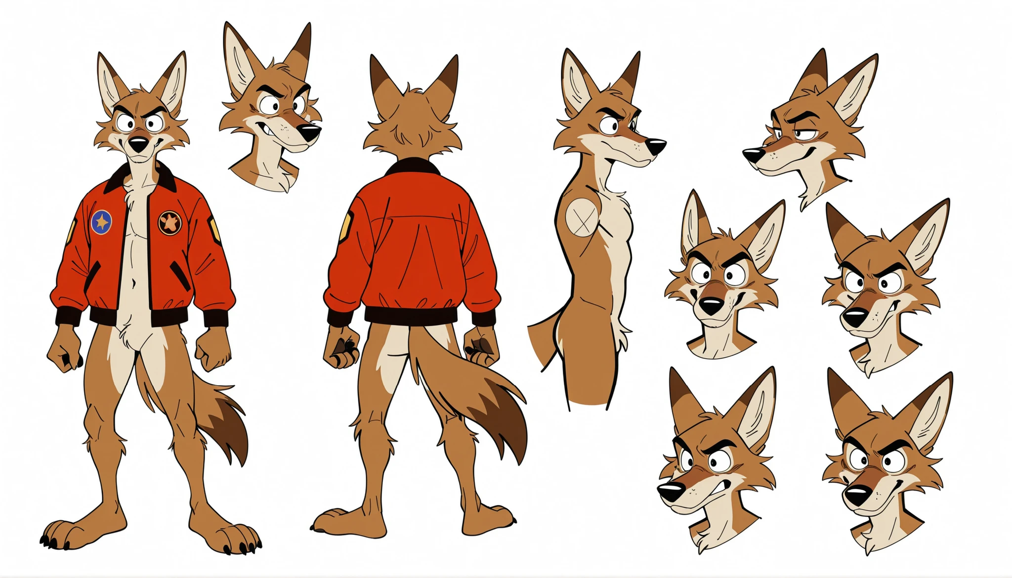 sketches of a cartoon coyote furry character, male, cool, professional furry drawing, furry character, unrealistic character concept, cartoon furry style, an anthro coyote, full body character concept, character reference, full character body, sketchy artstyle, anthro concept art, single character full body, full body character, character concept, by infamousmustelid, by mikachutuhonen, by uochandayo, by Piti Yindee, red bomber jacket, countershading, bottomless, paws, expressions, multiple view