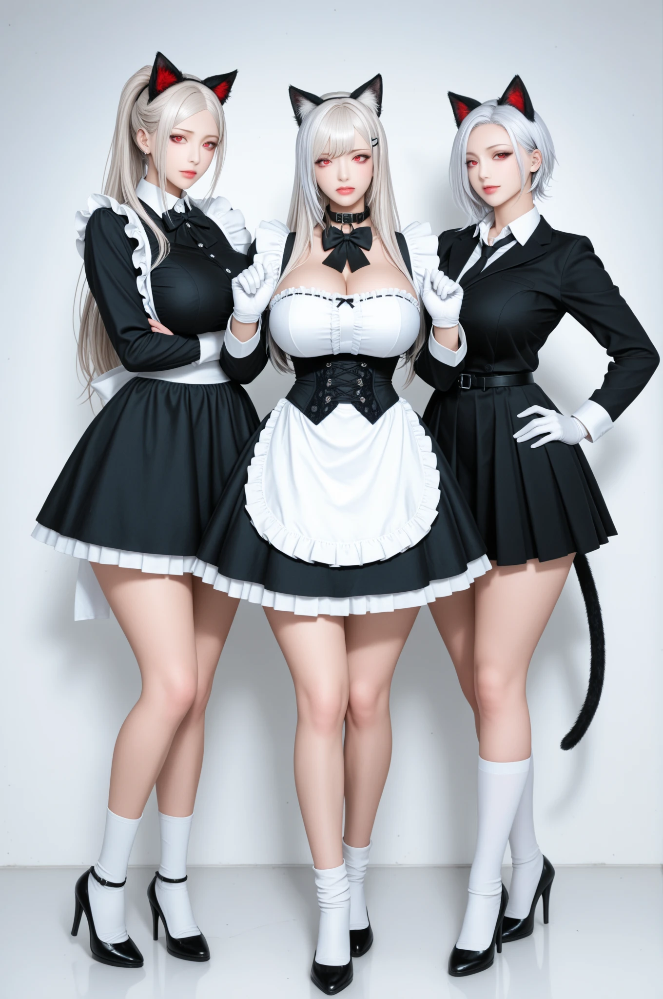 whaite hair, jk, full bodyesbian, Black and white silk, are standing, Exposed milk, star-shaped pupils, maid headdress, cat ears, full blush, naughty, Surrealism, 8k, super detail, UHD, 16k, high details, highres --auto