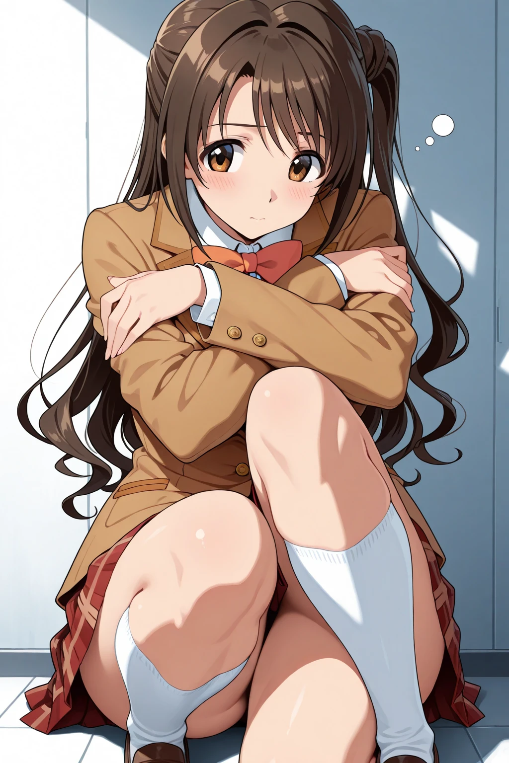 finest, masterpiece, High resolution, (Full body view from head to toe), front, frontやや下からの構図, symmetry, 18 year old tall girl, alone, (whole body from head to toe), (small breasts), Unkempt brown hair, bangs, (black tights), (black pantyhose), (sit with legs spread), (squatting pose), (Composition showing white panties), (her legs spread、I can see white panties.), (I was made to sit on the floor with my legs spread apart.), (M-shaped spread legs), thin legs, A very beautiful and tall 18 year old girl, (not wearing shoes), blush, shy big eyes, looking at camera, blazer uniform, plaid pleated skirt