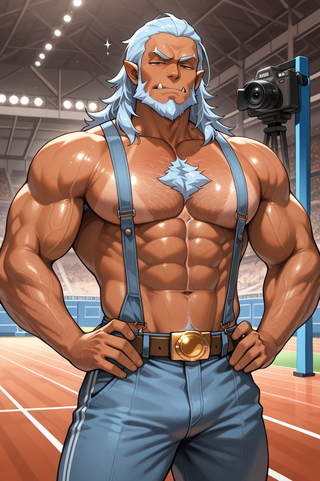 Robust champion man, torso exposed, legs bare from thighs to feet flowing long curls, meticulous muscle definition, lifelike representation, 4K resolution. Background: Stadium filled with cheering spectators,32k uhd, best quality, masterpiece, super detail, high details