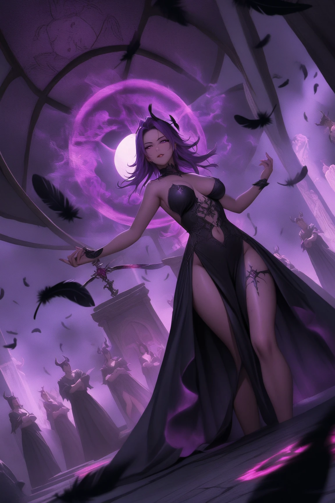 Satyr, female, purple skin, black fur, brown hair, black eyes, straight horns, vantablack dress.