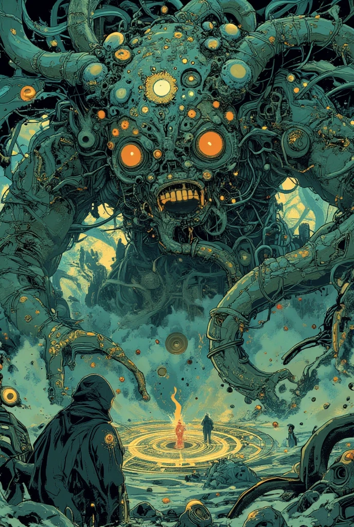 Mobis (Jean Giraud) Style - A picture by Jean Giraud Mobis, The picture shows a robot birdman fighting a tentacle monster, 巨大的白色骨头背景western backdrop in Mobis' signature style with sharp detailing and vibrant colors. Shot with Panavision Panaflex Gold II and Ultra Panavision 70 lenses, The image is full of film grain and low-key lighting,It creates a mysterious and tense atmosphere.