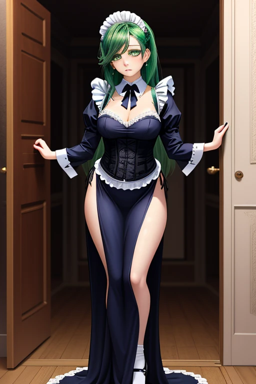 ((full body photo)), Princess Zelda in hybrid maid costume and Mega Man-X+ (black: 10.0), XL bust, very tight clothes on her body, she is exhibitionist, she is in a hotel all broken with the bed totally covered in blood, she has green hair, blue eyes, she is looking at the viewer with a macabre smile on her face, she's holding an exorcism artifact in her right hand, Anime-style, Unreal Engine 5, Mortal Kombat, Masterpiece, (16k:1.5)