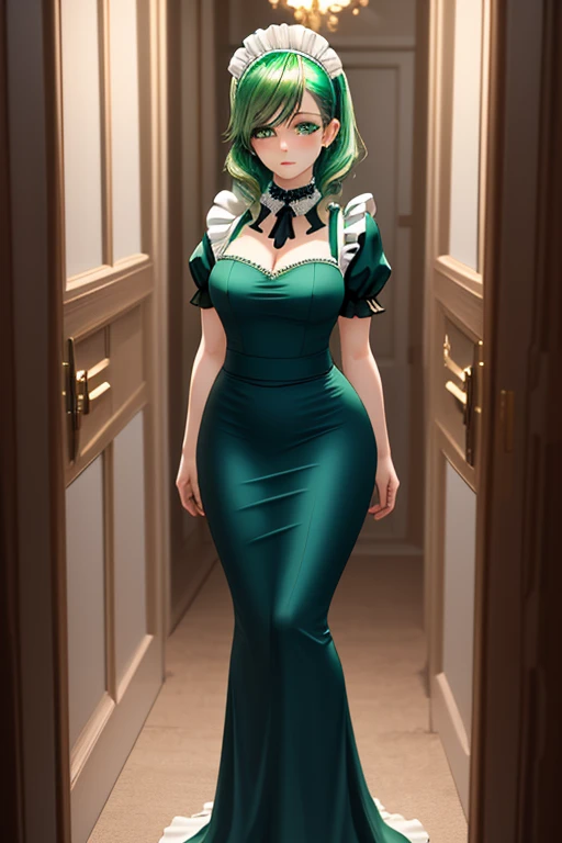 (full body photo+standing+looking at the viewer+from the front:1.5), 1+woman+mummy+extremely bandaged, (breasts+firm+extremely large:1.5), wearing black silk maid's clothes+almost no clothes+no skirt+extremely tight:+white fabric maid's headdress, she is inside a hotel room on the balcony catching a wind,  she has short green hair, she has blue eyes, doing pose+exhibitionist+sensual+herotic+for viewer, Eye-Level Shot, Anime, Anime Style, 16k, best quality, award winning, high quality, UHD, 16k, best quality, award winning, high quality, UHD