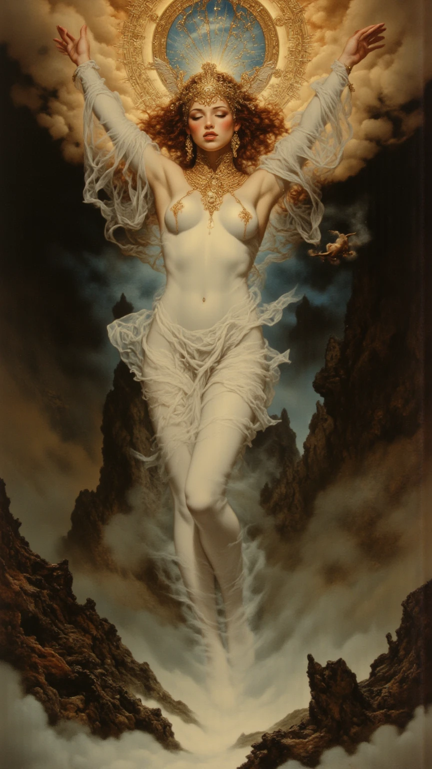 James Gurney, Surrealist art , dream-like, Mysterious, Provocative, symbolic, Complex, detailed,, (Gothic but very beautiful:1.4), (masterpiece, highest quality:1.4) , Nicola Samori Style, the eponymous female as a sort of siren who, sitting on the cliff above the Rhine and combing her golden hair, unwittingly distracted shipmen with her beauty and song,