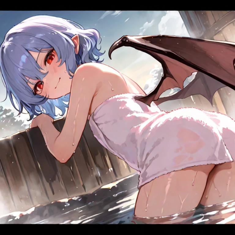 Beautiful arts wallpaper Sunset Outside castle top High level image quality best image quality 8K adult woman silver castle outside more colors whole body view portrait wearing pure red shaded bikini horn naked ears short hair((shortcut)(gray hair)(perm)(fluffy)) eye color is blue , , attractive evil face , smile , pulling humans rope , labrynth , wings , barefoot , exposing her ass to others, seduction , on green Field , from below