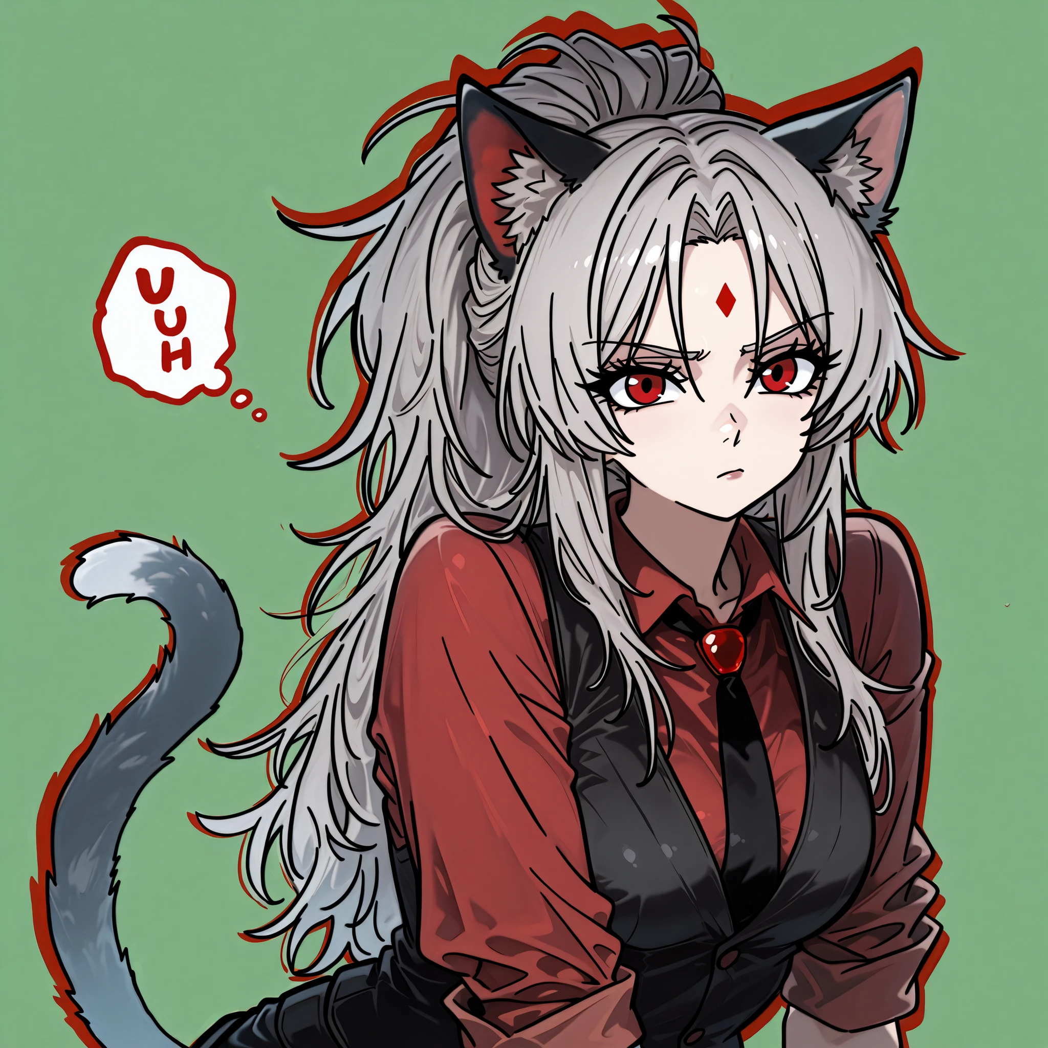 woman, cat ears, cat tail, light gray long messy ponytail hair with white and red ombre, black waistcoat, red button up shirt with rolled up sleeves, black tie, irritated, style nyalia