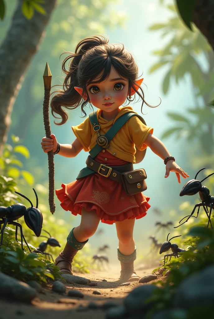 Realistic small halfling female character with a snipe weapon on her back RPG 