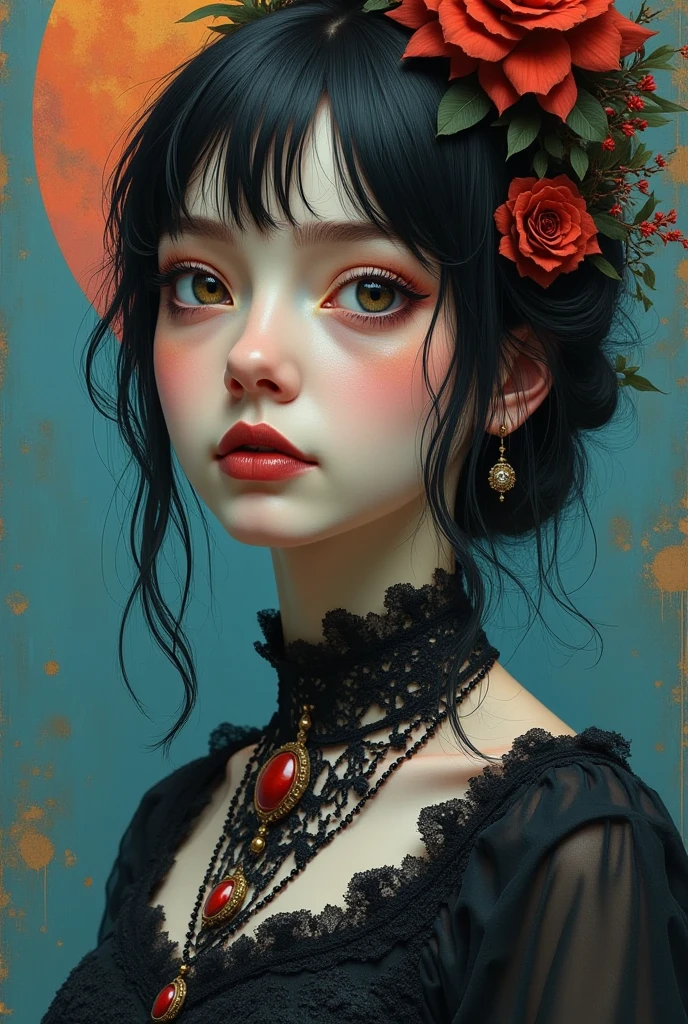 Masterpiece, Superb Creation, Absurdity, Originality, Extreme Refinement, Beautiful and Detailed Eyes and Face, 1girl, black_hair, Flower, japanese_clothes, looking_at_viewer, Mole, red_flower, Solo, (Masterpiece: 1.4), (Best Quality: 1.4)