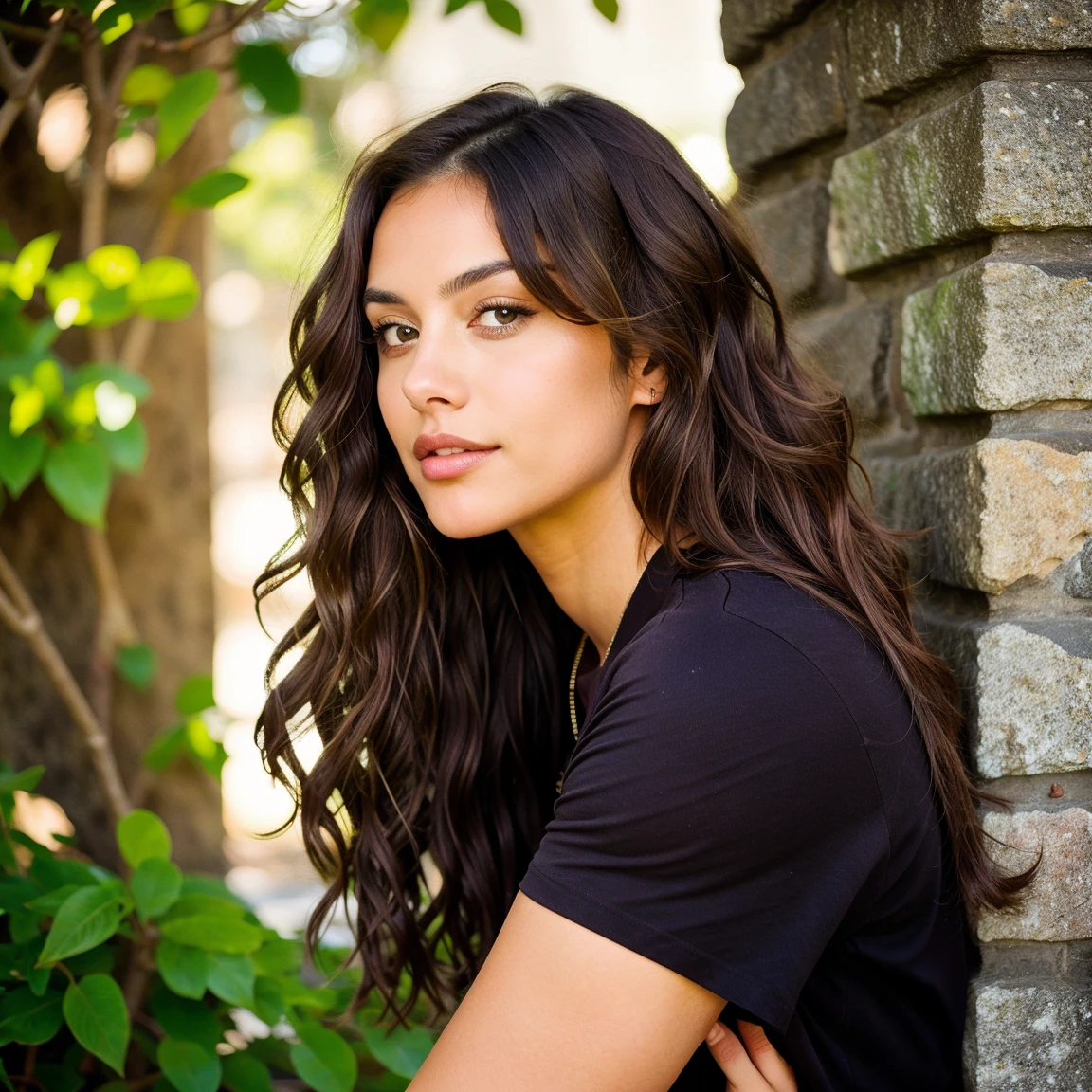 1 girl next door with long black hair, Mix out of 50% Natalie Portman and 50% Kim Kardashian, 172cm height, 68kg weight, soft curly intense long black hair, clear green eyes, long dark black lashes, perfectly shaped dark black eyebrows, dark caramel tanned skin, slim and well-defined body, curvy body, elegant thin nose, small ears, full lips, white teeth, small soft ladylike hands, painted fingernails, wearing a long black hoody and long black jeans, high resolution, masterpiece, best quality, intricate high detail, highly detailed, sharp focus, detailed skin, realistic skin texture, real skin texture, realistic texture, professional, real life, ultra-realistic, photorealism, photography, realistic photography, UHD, photo RAW, at beachparty, full body photography, colorful photo