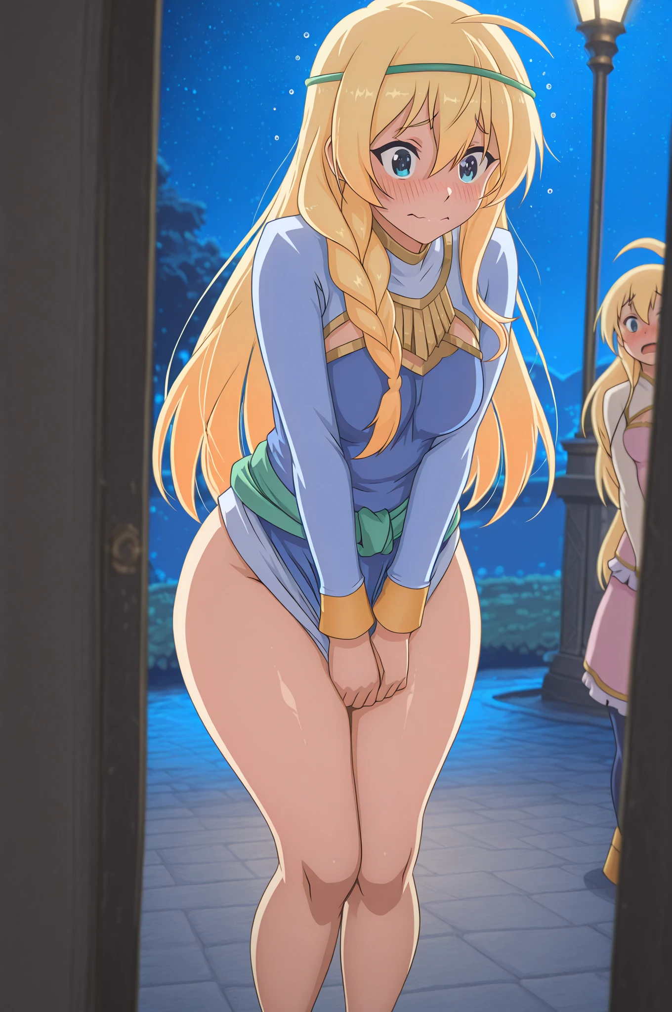 (1980s anime), blonde woman wearing starlight costume leaning on a doorframe, (shot from below:1.4), Long hair, natural breasts, thick thighs, thin waist, plumb ass, high heels