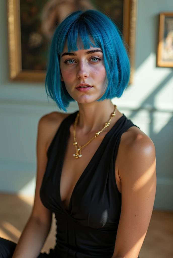 (Masterpiece, Top Quality, Best Quality, Beautiful and Aesthetic:1.2), Woman 20 Years Old Nordic Ethnicity, short (((blue hair))) ((pixie cut)) with a perfect face and light freckles, Blue-Green Eyes, name Jaine, A tight (((black))) sheath dress with elegant details as you stroll through the narrow, picturesque streets of a historic old town, Perfect Body, Perfect rare face, (very detailed skin), black colored long hair, Skin texture, Sharp focus on rare face, (Photorealistic), Film grain