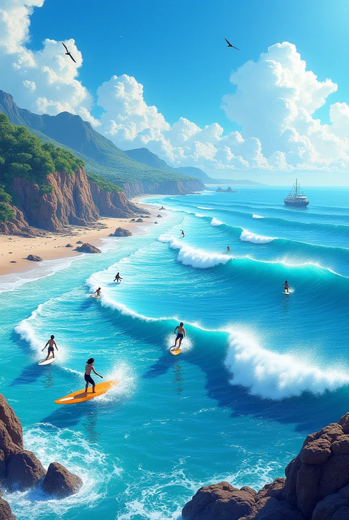 Delicate face,Perfect facial features,delicated eyes,Delicate mouth,(Photographic works),(Filmography),rim light,Hazy,8K,Masterpieces,A lot of men and women are playing big waves in the water, Official Splash Art, wallpaper splash art promo art, splash art, splash screen art, splashcreen character art, epic splash cover art, splash art, character splash art, summer swimming party, background artwork, mobile game art, iconic character splash art