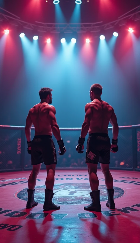 Two boxers stand in the center of a boxing ring, The taller, stronger boxer exudes confidence, with a muscular build and a determined expression on his face. His opponent, a smaller and more vulnerable figure, appears apprehensive and fearful, with a look of resignation in his eyes. As the supporters of the superior boxer enter the ring, they forcefully bind the arms of the weaker boxer with ropes, rendering him defenseless against his opponent.