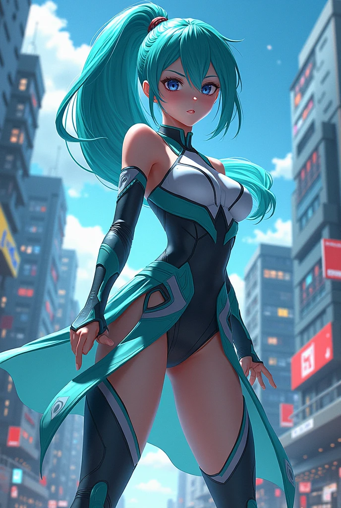 masterpiece, best quality, highres, lu1, cyborg, multicolored hair, makeup, bare shoulders, black leotard, highleg leotard, (thong:1.1), white jacket, open jacket, belt, shorts, facial mark, multiple tails, fox tails, korean clothes, cleavage, bare shoulders, detached sleeves, outdoors, standing, cowboy shot,