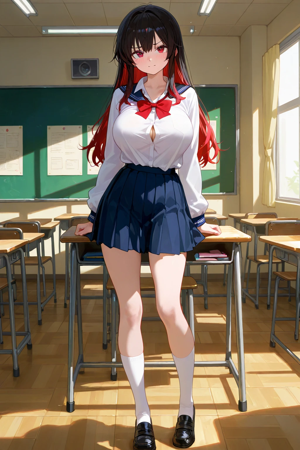The most beautiful girl, red hair in pigtails, Accentuated super huge enormously gigantic with cleavage showing, school girl uniform school girl skirt and white thigh high socks, tattoo sleeves and piercings, sitting spreading her legs open showing her crotch, sexy seductive slutty horny pose, armpits, hot wet armpits, armpits, school classroom background