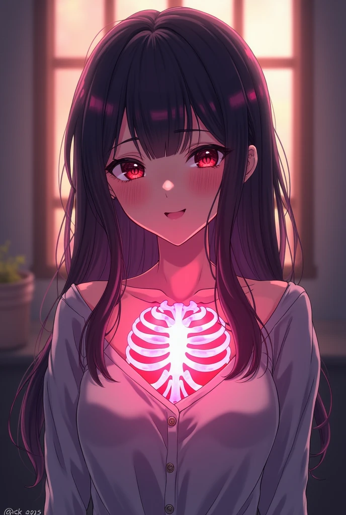 Porn image of a Latina anime woman having an ultrasound on her heart, In the heart there is a very small boy putting his penis inside the woman's heart.