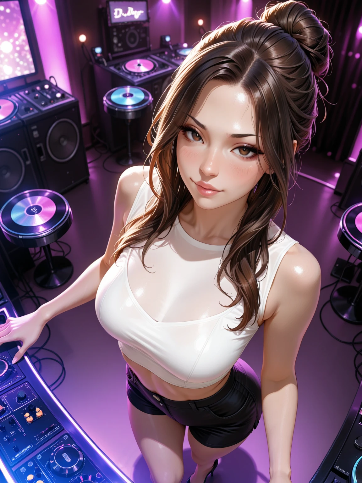 long straight dark brown haired gamer girl leaning into the camera, three-quarter headshot:1.2, lean body, fit body, photo from front above, dark red hoodie:1.2, straight hair, large leather gamer headphones:1.2, skintight black top:1.2, looking at viewer, realistic, 4k, cinematic lighting, perfect, soft lights, intricate details:1.2, high resolution skin:1.2, realistic skin texture, realistic face, perfect anatomy, lean girl, fit girl, sfw:1.2, jumper:1.2, hoodie:1.2, headphones:1.2