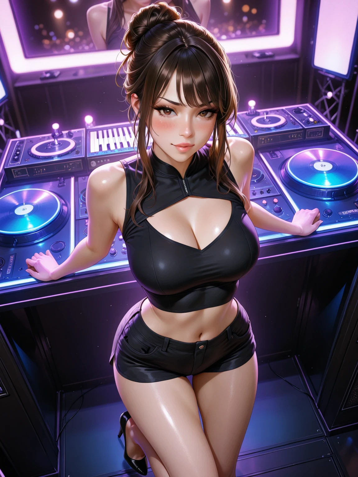 A girl in a sci-fi upscale bar, undercover and singing, catches everyone's attention. She is Faye Valentine, dressed in a risqué, long slinky sequined dress with a wide slit that runs along her legs. Her captivating performance steals the spotlight, drawing the crowd towards her. The bar is illuminated with vibrant neon lights, casting a futuristic glow across the room. Faye's voice, filled with sultry melodies, fills the air as she seductively moves on stage. The atmosphere is infused with a mix of excitement, mystery, and a touch of danger. As she sings, her eyes, captivating and full of depth, gaze into the audience, hypnotizing them with her every note. The stage is adorned with holographic projections, creating immersive visuals that blend with Faye's performance. The scene is painted with vivid colors, amplifying the atmosphere and creating an otherworldly ambiance. The mix of electronic beats and Faye's mesmerizing voice creates an unforgettable experience for everyone present. The bar patrons, lost in the moment, become entranced by her performance, unaware that Faye is also on a mission, singing to her target, gathering vital information.