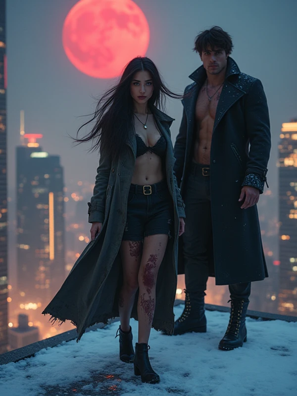 A girl stands with a werewolf in the rain