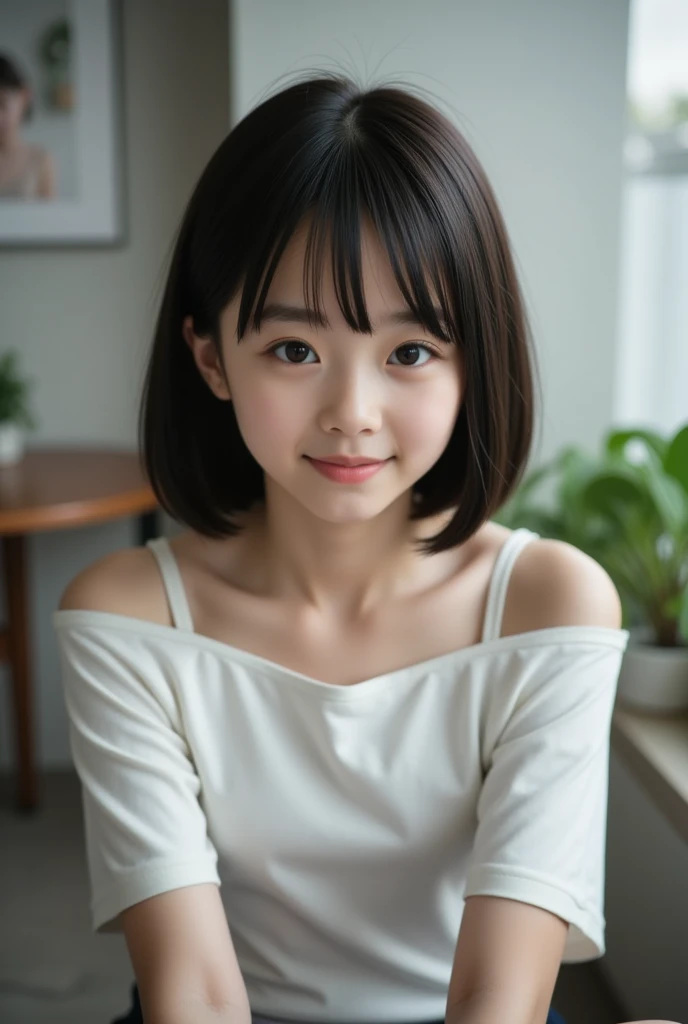 Neat and clean elementary school girl, petite person, (slim, Small, Flat, Small), Short black hair, Photorealistic, detail, Detailed skin texture, Ultra Detail, delicate sexy collarbone, Smile, Super Detailed Face, Detailed lips, Detailed eyes, (10years old girl)、Delicate eyebrows、short neck、Little baby face、Professional Photography、(watching at viewers)、silk dresses、f lare、Unique Beautiful Girl、14mm prime lens、Focus on the eye in the foreground
