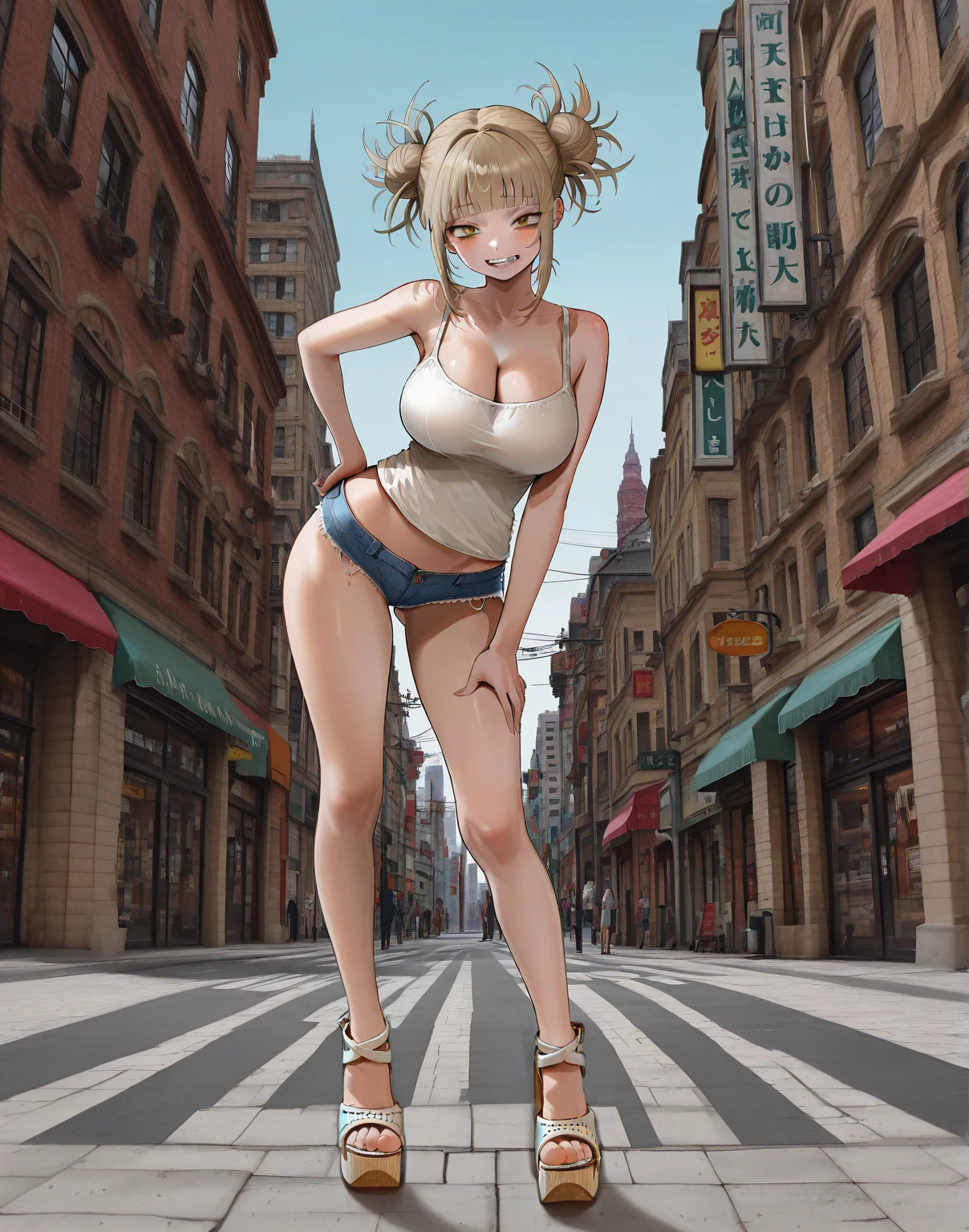 ((A masterpie)), (bestquality), (highdetail), (girl 1 person), Makoto Nanatani,smiling smile 、Bikini 、nippless、microbikini、high leg、opening legs、Gani crotch、high leg、Asakusa Samba、lower milk 、on the streets、blond hair、、、Short cut、 --auto --s2