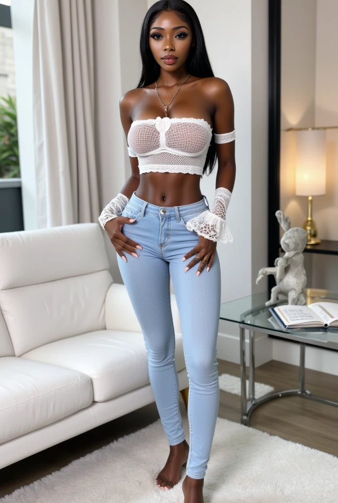 (best high quality:1.5), work of art, (8k), extremely detailed, (High details:1.4), Solo, ((HotLexi)), Angolan female with 24 years old, (wool sweater, pants denim), (medium round breasts), (perfect hourglass hot body),