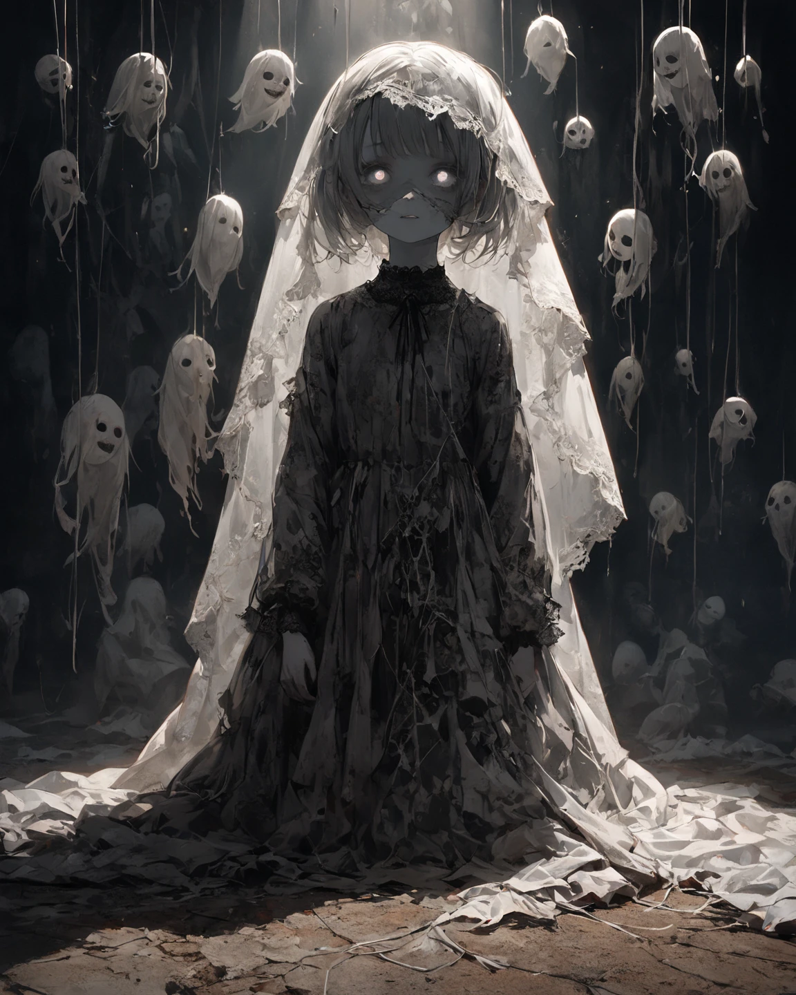spirit photography、camera、Ghost photos、ghost、Midsummer、picture、Horror、occult、fear、Creepy、Girl、Girl、Short、Younger、Lower school year、Baby Face、flat chest、Both eyes open、Glaring、Dynamic Angle、masterpiece、best quality、ultra-detail、ectoplasm、grim Reaper