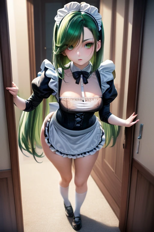 3DMM Style, (masutepiece, Best Quality), Intricate details, 1girl in, Solo, Green hair, flower hair clip, {Suspicious expressions}、Green dress、a short skirt、Angle from below、 Looking at Viewer,{{{skirt lift by yourself}}}、{{{white panties}}}、pretty Panties、{{Panties exposed}}、{{オマンコThe shape of the shape is clear}}、{{palpableオマンコ}}、{{{The panties are very see-through}}}、{{The panties are digging into the crotch}}、{{{{Pubic hair through panties}}}}、{{{{Green pubic hair}}}}