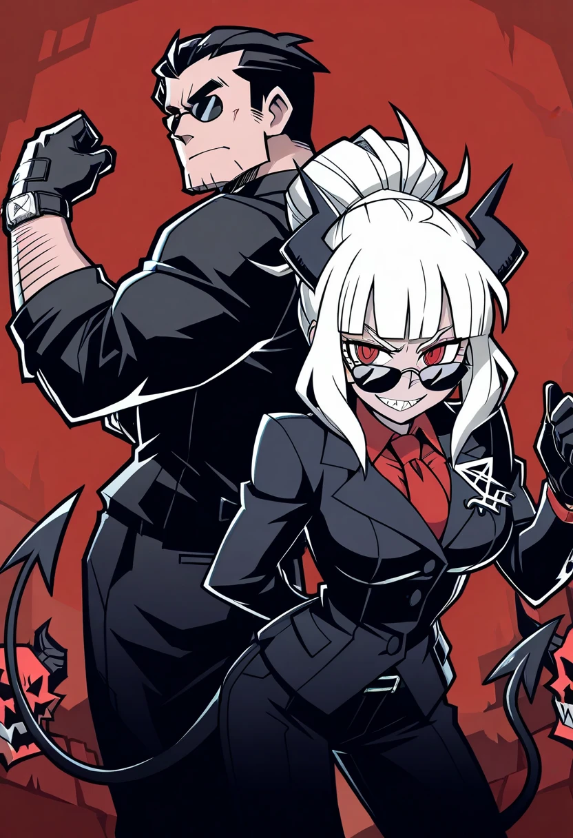 masterpiece, best quality, newest, absurdres, highres,  anime, anime style, Dynamic-Duo-Pose-IL.V1.0, Duo, Duo focus, dynamic duo, dynamic pose, pose, 1boy, helltaker \(helltaker\), sunglasses, glasses, black hair, short hair, muscular, muscular male, 1girl, lucifer \(helltaker\), black suit, red necktie, black collared shirt, black gloves, blunt bangs, demon horns, demon girl, demon tail, sharp teeth, red eyes, white hair, long hair