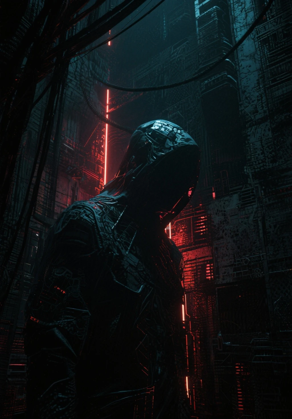 (score_9, score_8_up, score_7_up), zPDXL, 1 shadow, alone, looking at viewer, subway exit background, cyberpunk, abstract dark body, glowing white eyes, black face, black body, full body, his entire black body disembodied, going up the stairs, organic shadow, crows, humanoid figure wrapped in shadows, sinister and threatening figure, glowing eyes stand out in the darkness, almost amorphous dark silhouette, going up stairs, background with pipes and cyberpunk signs, ethereal almost liquid texture, it was made of a dark, viscous substance that drips and spreads, dark aura, black claws, seen from above,