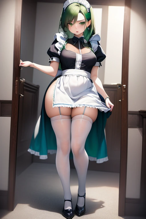 (masterpiece), (best quality), (ultra-detailed), perfect eyes, cute face, blush, perfect lighting, (solo), (cute, adorable), (nice hands, perfect hand), glossy, light red lipstick, expressive eyes, eyelashes, eyeshadow, eyeliner, (parted lips, smile), ((wide hips)), , nsfw, lady, (any eyes:1.3), any hair, room, sunlight, day, pale skin, <lora:GoodHands-beta2:1.2>, maid, (booty:1.3), <lora:add_detail:0.8>, (thigh gap:1.3), (maid dress:1.4), (black thighhighs:1.3), (panty pull:1.5), (undressing), <lora:undressing_panties_v0.1:1.0>, (pulled by self), clothes pull, bent over,