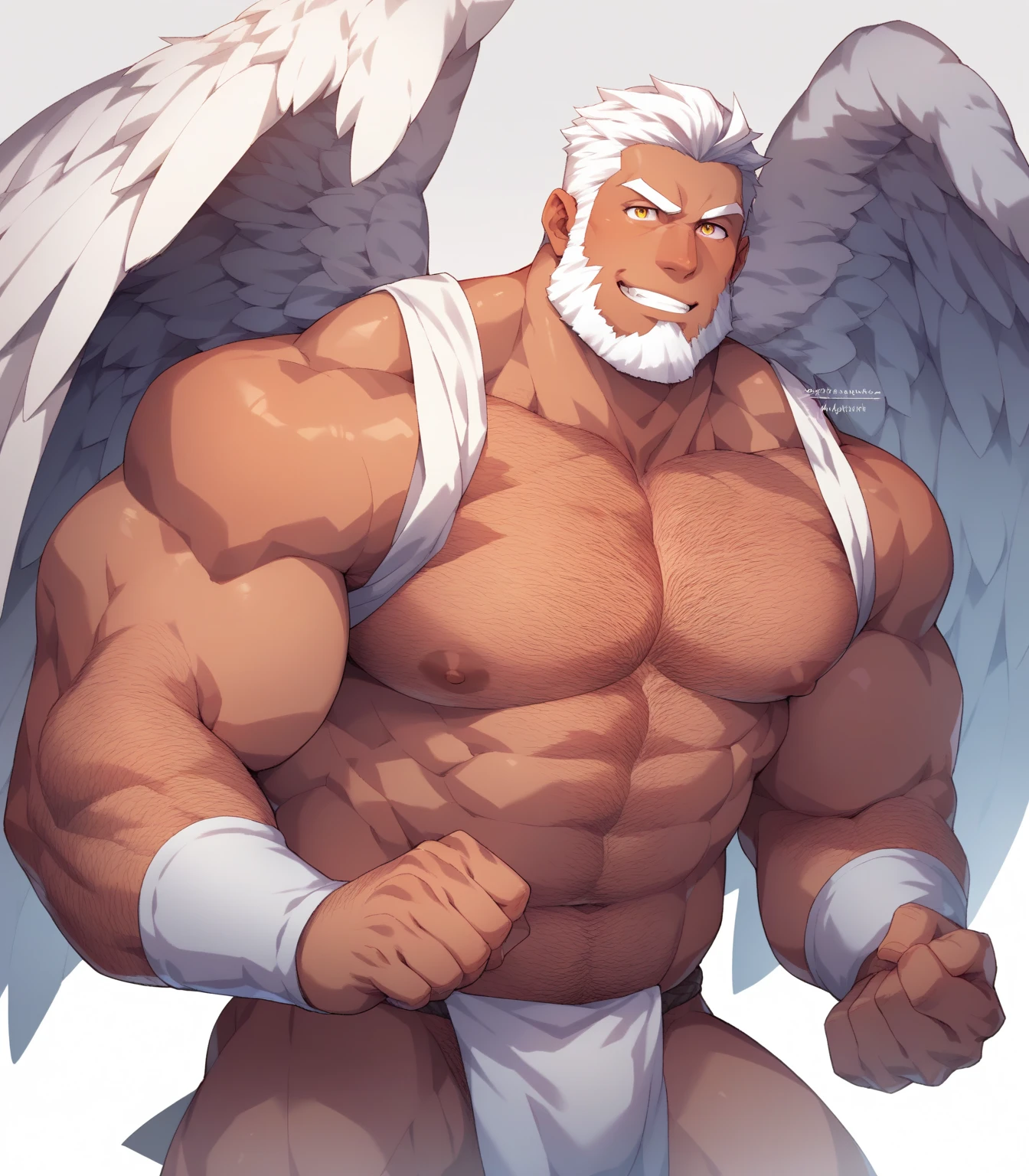 simple backgrond, Solo, 1boy, perfect anatomy, angel, perfect proportion, perfect center, (huge halo, wing, angel wings), sharp eyes, big eyes, peaceful, angel eyes, halo, (smile, happiness), calm, perfect fingers, big hand, fingers. Huge Muscular Old man with short hair, shoes, (white shorts), view from side, pectoral, thick arms, huge pectoral, wide pectoral, white hair, white beards, simple background, masterpiece, semirealistic:1.2, high detailed, 8k, high resolution, perfect center, full view. ((really big muscle, massive muscular, sixpack, thick arms, wide pectoral, super huge muscle, hyper muscular, over sized muscle, huge arms, big arms, huge pectoral))