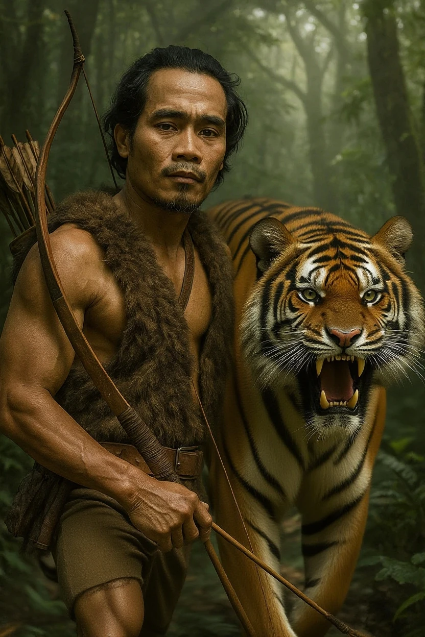 A handsome guy with tanned skin with a golden hue and masculine features of a young man. He has black hair that reaches below his waist and panther ears.. He has a bare torso, wearing full-length brown fur trousers and hoof-like shoes.. He has a red heart pendant.. He squats in a thicket of ferns and shoots a bow.. A kind, beautiful panther lies beside him..