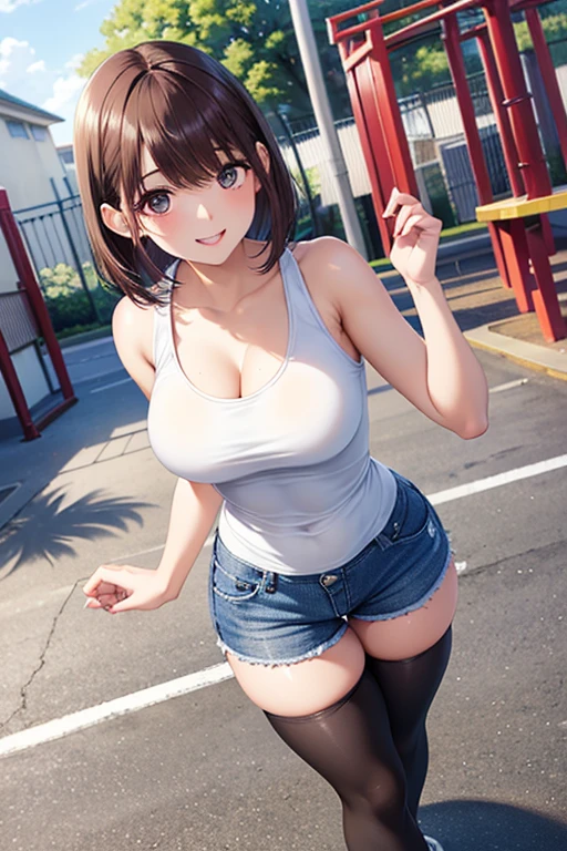 Woman with black hair., long brown eyes, tender look and a pretty but sexy face, posing sexy. , She is dressed in a low-cut white crop top and ripped short jeans.., She is very sexy posing sexy and wearing a white top showing her abdomen and low cut, choker: 1.6, thin girl, brown eyes young girl with great taste, Walking around the city, at daytime