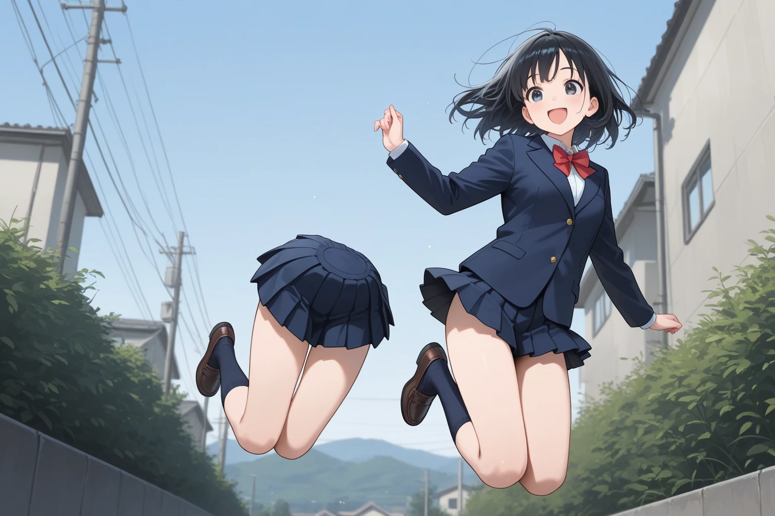 ((Table t○p, highest quality, Hi-Res Lucifer,Anime Screen Capture、Pixel perfect, 8k)))、nsfw、Perfect Anatomy、(((Huge breasts、Wide Hips、Wide ass)))、(((Bobcut、Blunt Bangs)))、(((Kicking、Jumping、Skirt flipped up by the wind、White Shirt、Black Mini Skirt、Blue striped panties、Skirt flipped up by the wind、Cyber Protector)))、Sweat, vapor,(Yellow Eyes)、((Black Hair)), V-shaped eyebrows、 ((((:d、blush))))、(In town)