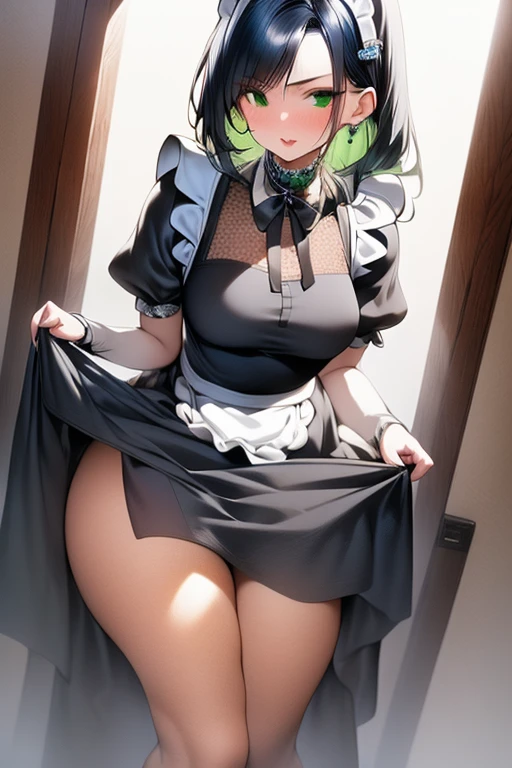 (girl),(anime),(young),(beautiful),(16 years old),(height 1.68cm),(white skin color),(green eyes and long green hair),(wearing), +,(a classic black and white maid uniform),((with a big ass),(and gigantic breasts),(Perfect image),(beautiful character),(high resolution image),(high quality image