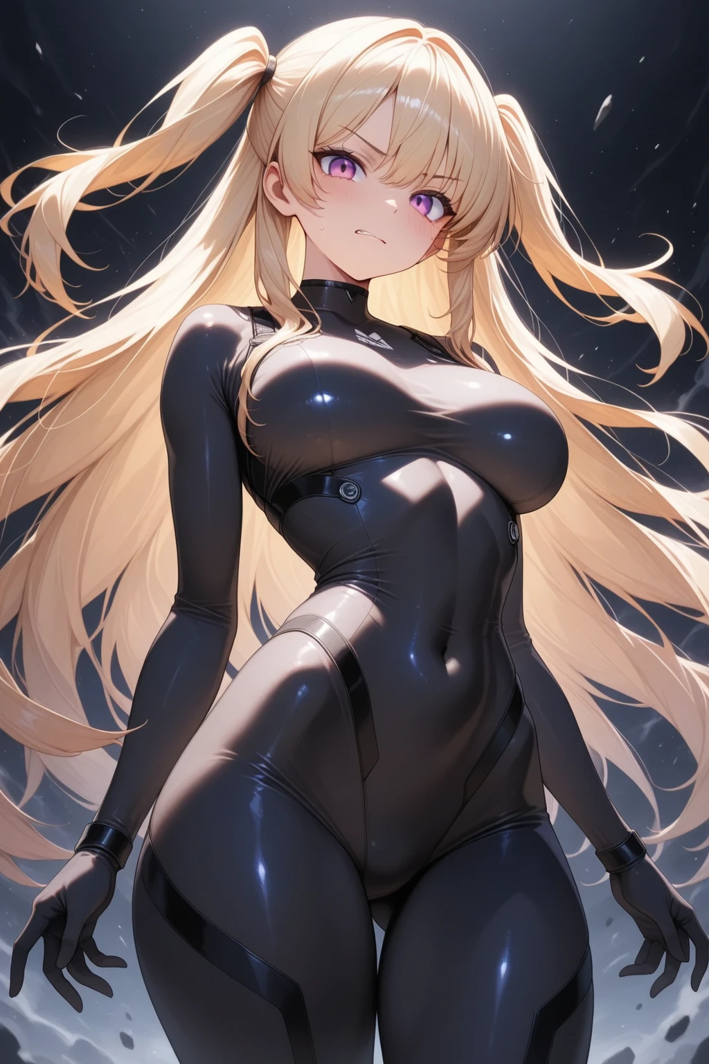 (((Best image quality，Highest quality，T masterpiece)))、1 girl 1 person、((Very large breasts:1.2))、Beautiful crotch、Korean idol types、Beautiful woman、((At the factory:1.4))、((Dark skinned girl standing:1.7))、(anime)、Detailed body、(Blonde:1.3)、((Black latex suit:1.6))、((ponytail:1.35))、lipstick、blush、I&#39;m sweating a lot、choker、Earrings、Detailed Background、((High Grade:1.3))