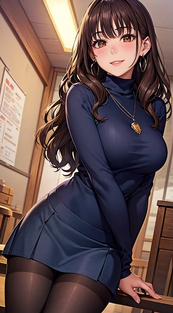 (table top, highest quality, High resolution, , perfect pixel, 4k,), 1 girl, single, alone, Beautiful woman、I could see the whole body、 ((wavy middle hair, bangs, brown hair)), ((brown eyes, beautiful eyelashes, realistic eyes)), ((detailed face, blush:1.2)), ((smooth texture:0.75, realistic texture:0.65, realistic:1.1, Anime CG style)), medium breasts, dynamic angle, perfect body, ((, female teacher, , earrings、necklace、White Sleeveless Turtleneck Sweater、Tight Skirt、black knee high stockings、、shy smile)), upper grade、、、evening、、Bring your arms together to emphasize your chest、hold the necklace between your chest、(、()、angle from below)、