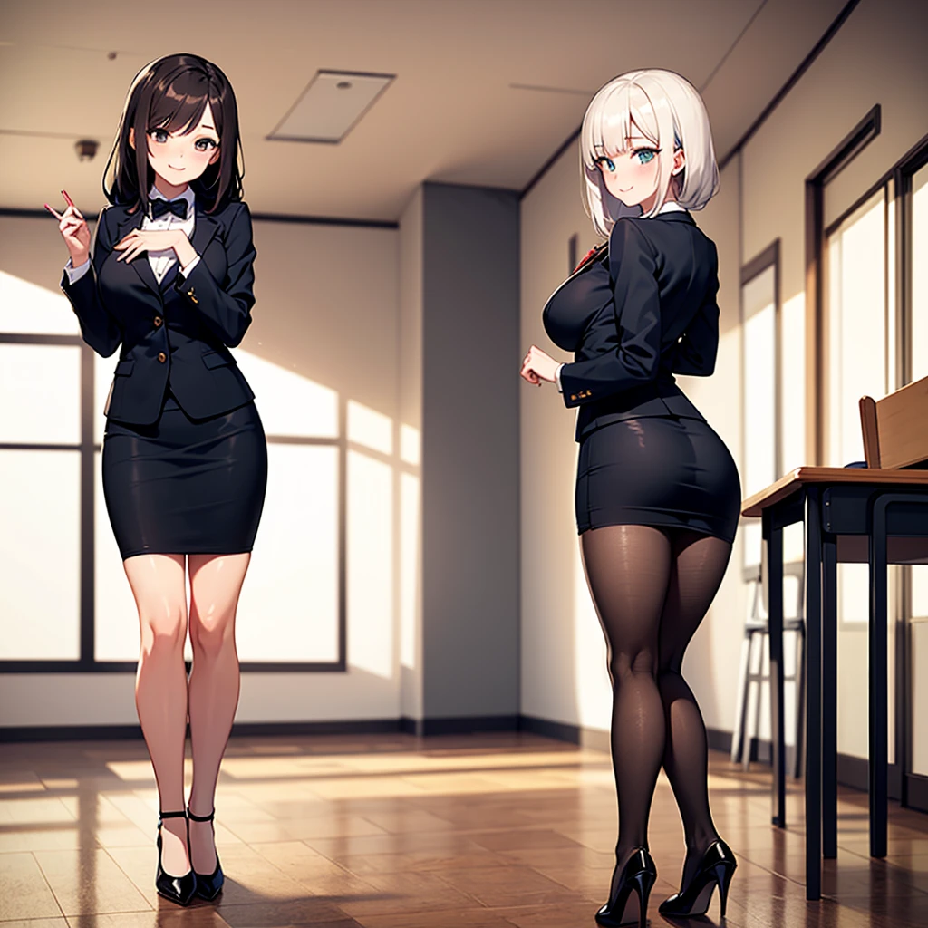 (masterpiece:1.2, top-quality), (realistic, photorealistic:1.4), beautiful illustration, (natural side lighting, movie lighting),
looking at viewer, cowboy shot, front view, 1 girl, japanese, high school girl, perfect face, cute and symmetrical face, shiny skin, babyface,
(long hair, straight hair, silver hair), hair between eyes, purple eyes, (middle breasts, seductive thighs, big ass), piercings,
beautiful hair, beautiful face, beautiful detailed eyes, beautiful clavicle, beautiful body, beautiful chest, beautiful thigh, beautiful legs, beautiful fingers,
((long sleeves, white collared shirt, black suit jacket, black pencil mini skirt), id card, strap, black high heels),
(beautiful scenery), evening, park, walking, (lovely smile, upper eyes), big tits, ((high resolution face)), plump, (((ass))), (((low angle shot))), (((back)))