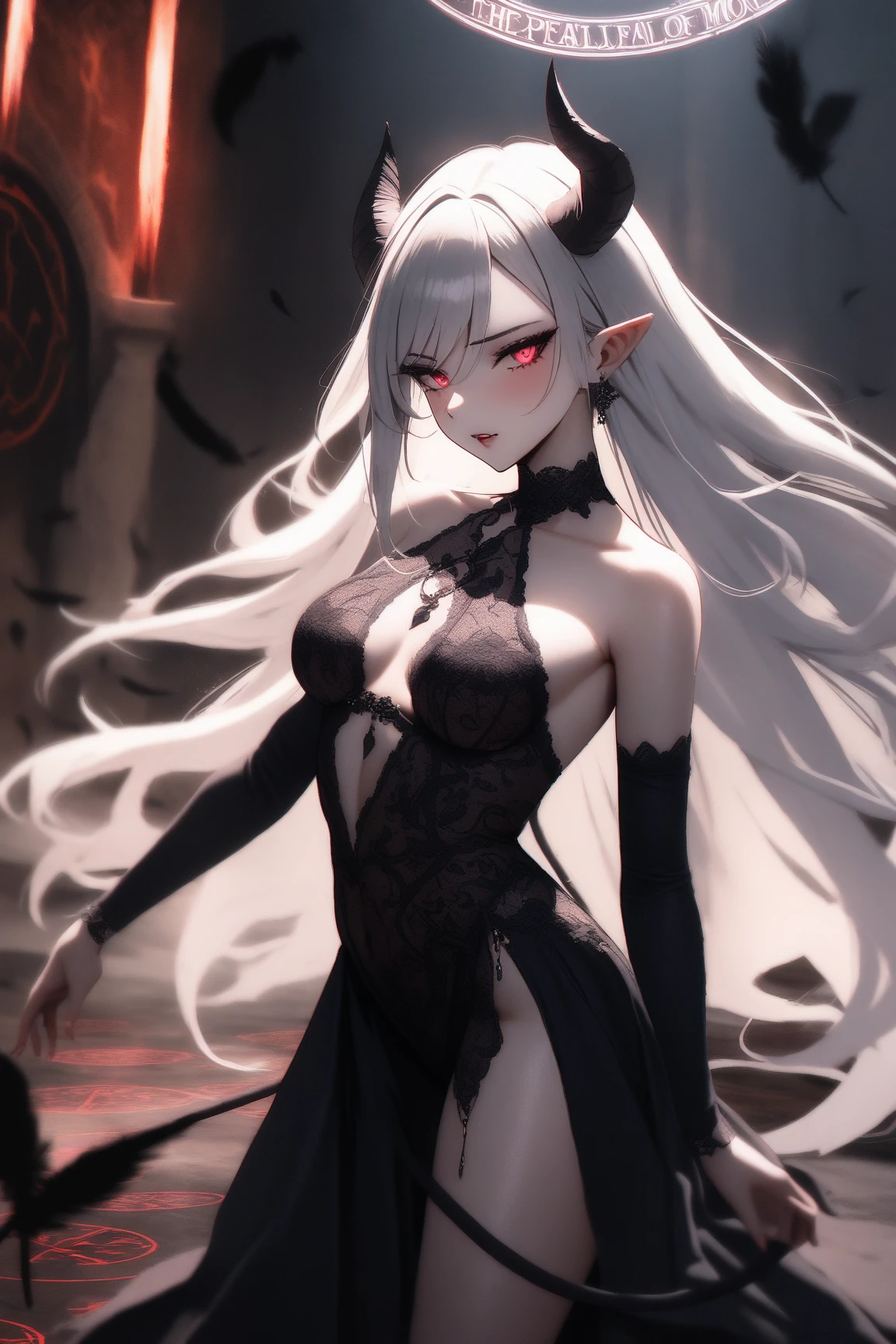 alice,vampire,grey hair, long hair, red eyes, pointy ears, small breasts,bikini
