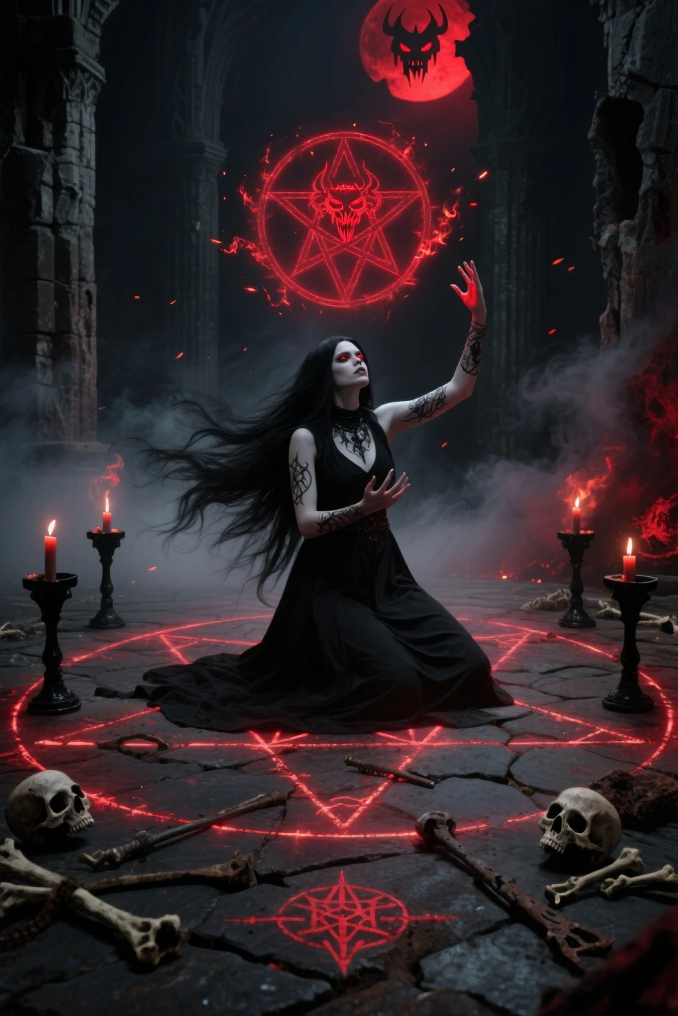 Witch sitting in a circle of candles with a demon face., scary horrible satanic rituals, goddess hecate, demonic magic ritual, satanism, satanic ritual, hecate, The witch's spell, Greek Dark Ritual Myth, Ritual occult meeting, Hidden ritual, home wicca scene, pagan goddess, summoning circle, pagan occultism, wicca